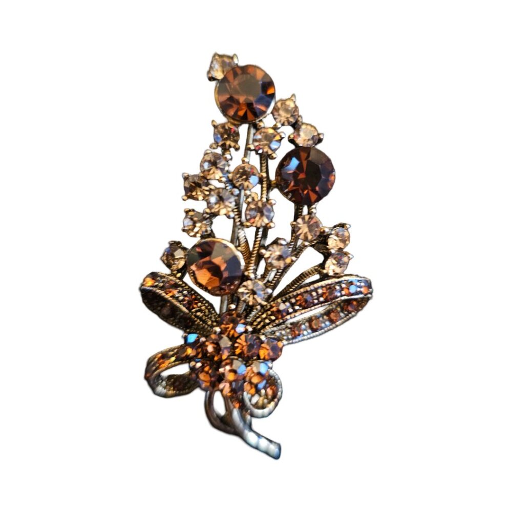 Vintage Brooch with Brown Rhinestones Gold